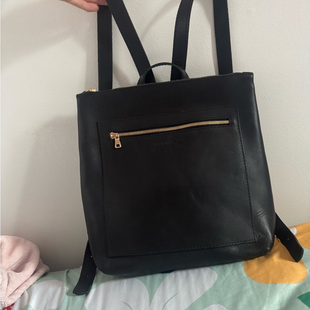Portland Leather Black Leather Backpack with Gold Hardware